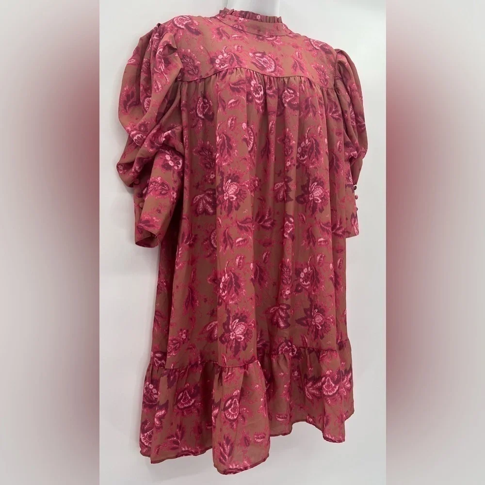 Boohoo Printed Puff Sleeve Ruffle Neck Smock Dress | Size 14 (XL) NWT